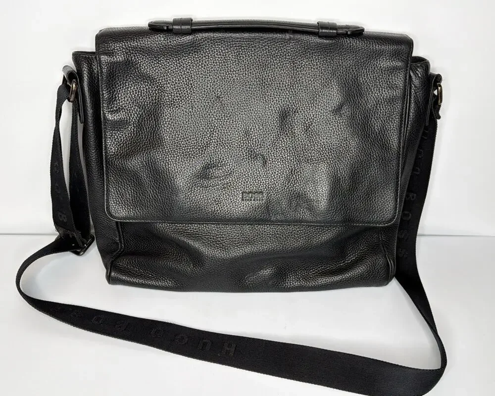 Hugo Boss Genuine Black Leather Laptop Messenger Bag Luxury Work Crossbody Satch
